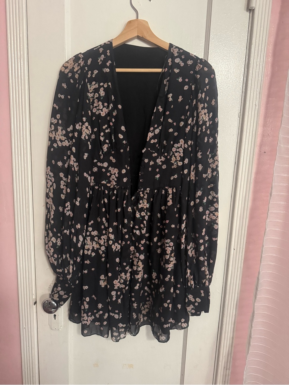 Floral V-Neck Long Sleeve Mini Dress - Black with Soft Pink Floral